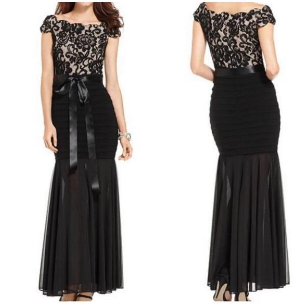 Betsy & Adam Off the Shoulder Lace Maxi Dress Women's Black Size 6